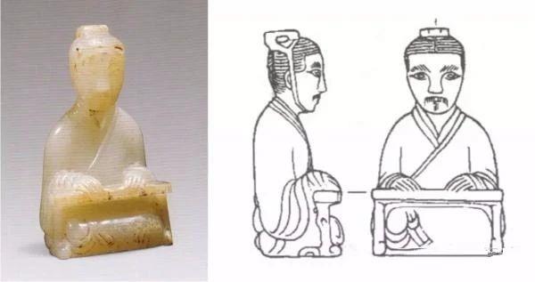 西汉坐形白玉人，河北博物院藏。玉人凭几而坐，双手置于几上，也是那时候的标准坐姿了。