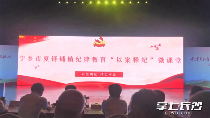 在宁乡市夏铎铺镇七一表彰大会上，镇纪委“以案释纪”微课堂宣讲给广大党员敲响警钟。  受访方供图