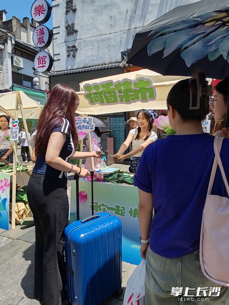 游客拖着行李箱来荷花集市。