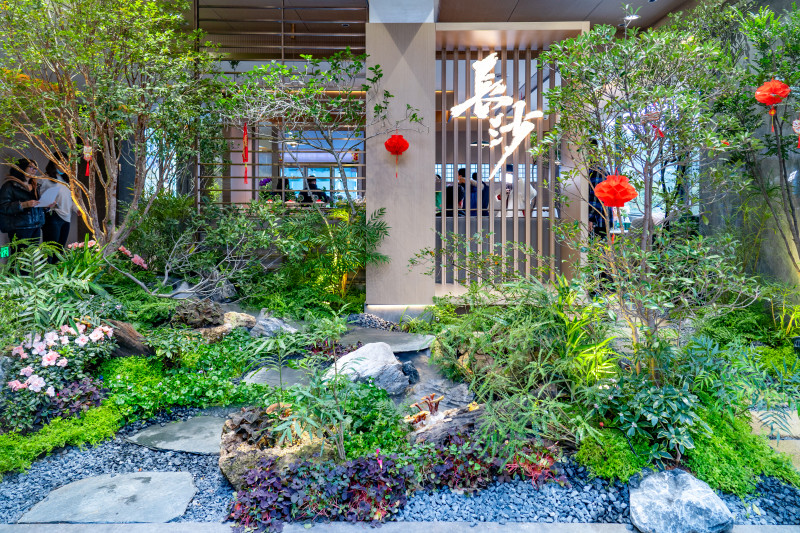 新中式园林景观设计，充满绿植。