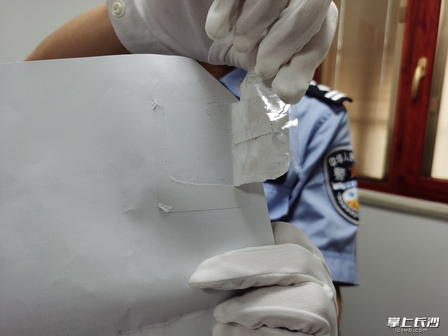 长沙海关缉私局警员展示夹藏在印刷物品内的“邮票”毒品。长沙海关供图