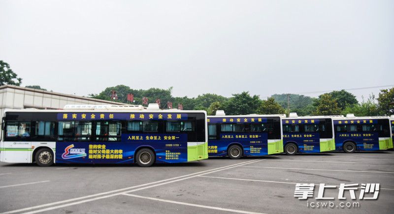 安全文化宣传公交车整齐列队，整装待发。