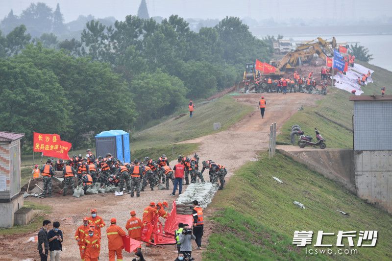 现场，抢险人员与大型机械密切配合，新型“挡水板”实现快速阻洪的效果。