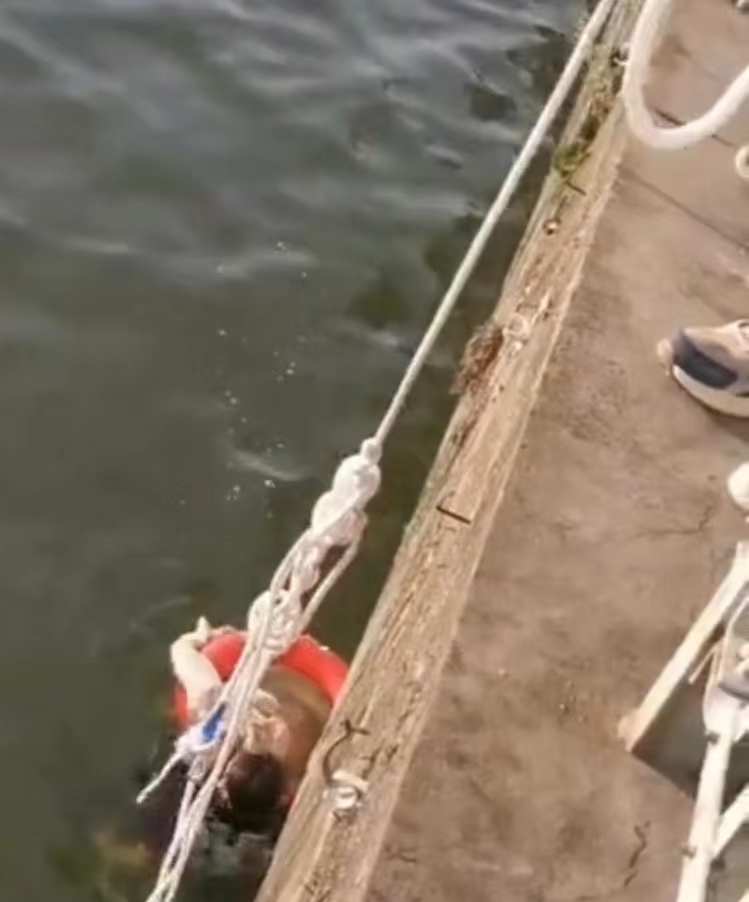 岸上游客放下绳索及救生圈相助。