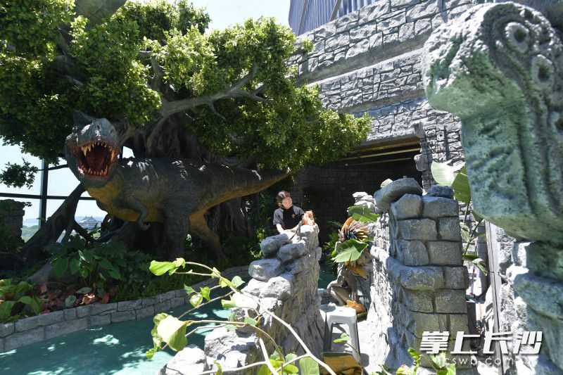 玛雅之城入口处附近，工作人员在给一只犀角美洲鬣蜥喂食。