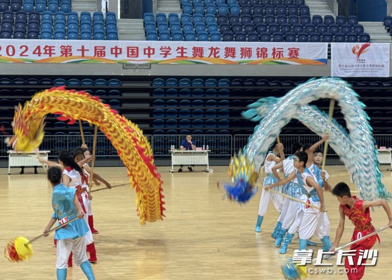 附中星城实验学校“龙魂”舞龙队在舞龙教学双龙项目比赛中。均为长沙晚报通讯员 余鹤玲 郭智勇 供图