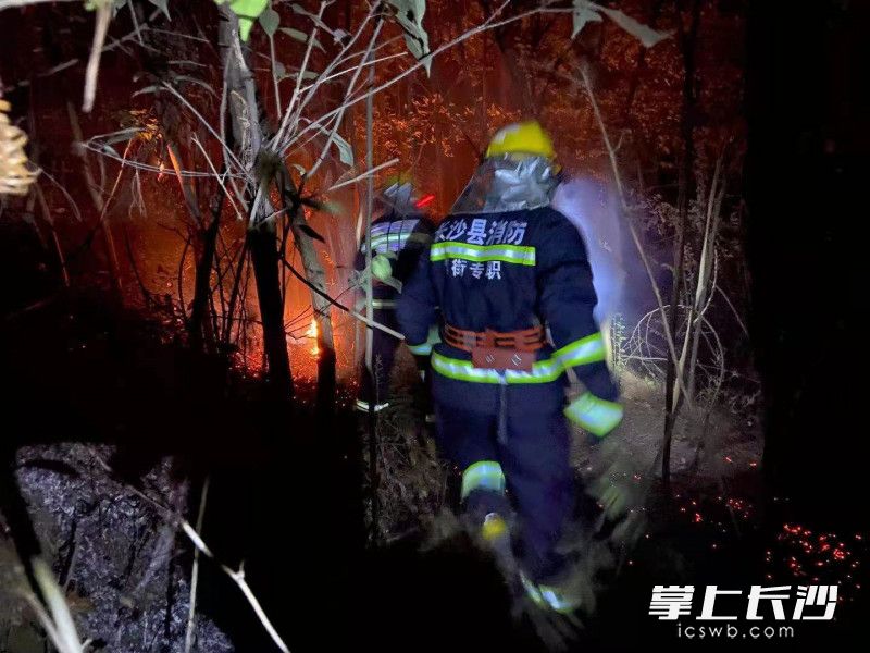 金井镇专职消防救援站消防员奋力扑救山火。长沙县消防供图 金井镇专职消防救援站消防员奋力扑救山火。长沙县消防供图