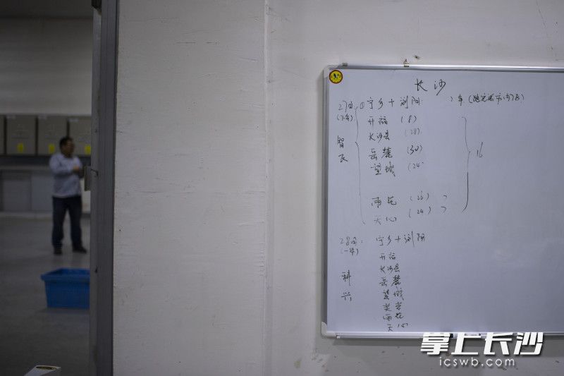 27日 19:13 在配送员办公室里,写满了各个点位配送信息。