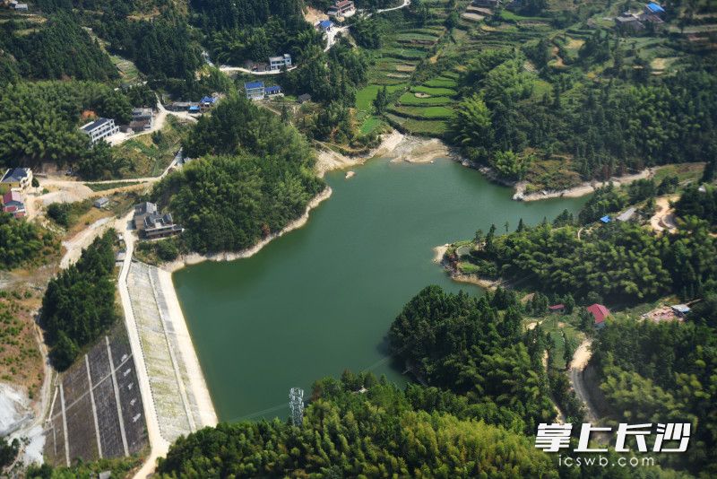 直升机飞过桂岩山水库，这是机组人员前一天灭火的取水点。长沙晚报全媒体记者 刘琦 摄