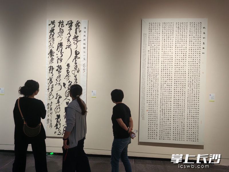 观众浏览书法作品。 观众浏览书法作品。