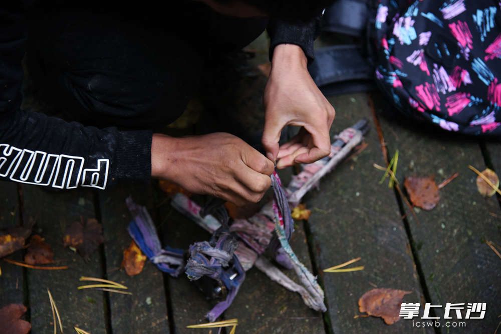 二娃子从包里拿出爬树专用的铁制脚扎子，准备爬树。