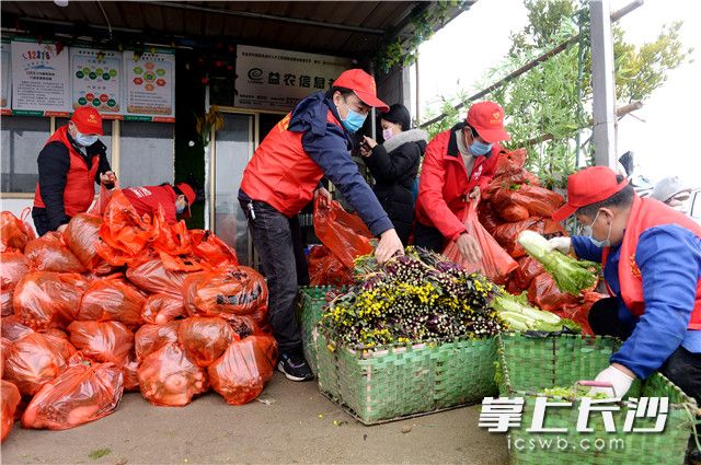 天心区的爱心志愿者忙着搬运蔬菜种植户家的蔬菜送至需要的社区居民家中。 长沙晚报全媒体记者 石祯专 摄