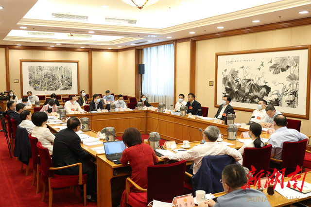 5月25日上午，湖南代表团在驻地举行分组会议，传达学习贯彻习近平总书记重要讲话精神，继续审议民法典草案，审议全国人民代表大会关于建立健全香港特别行政区维护国家安全的法律制度和执行机制的决定草案。湖南日报·新湖南客户端记者 罗新国 赵持 摄