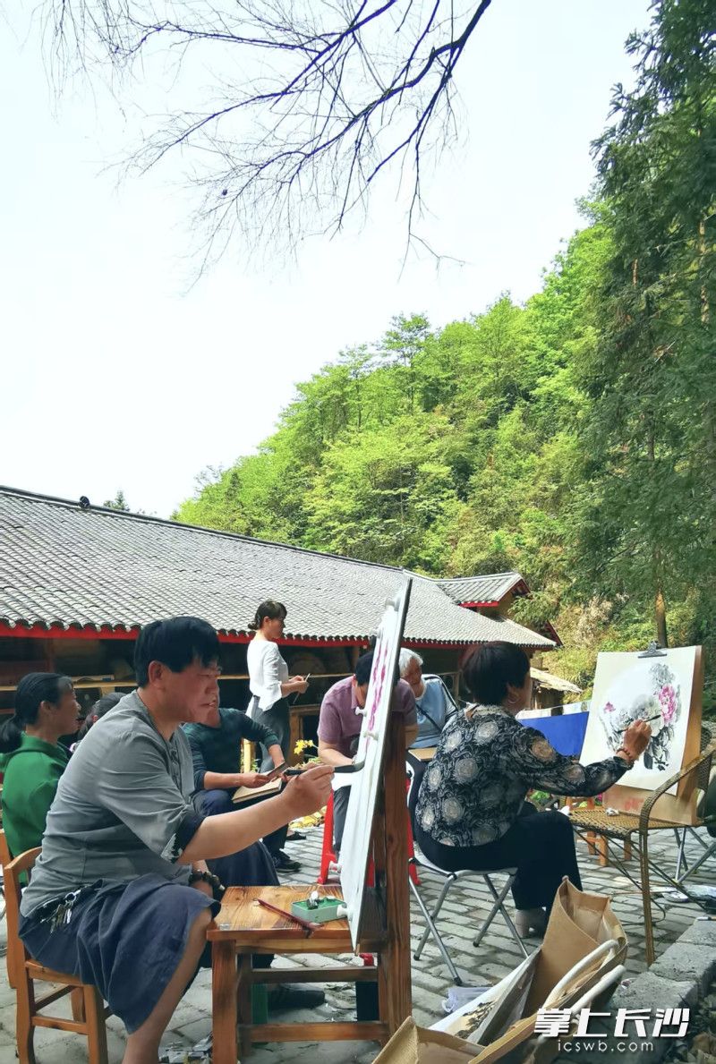 前来“大沩云宿”民宿避暑的客人在习画。